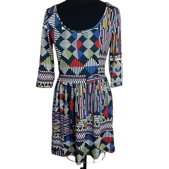 Bebop Fit and Flare Dress Size M Bright Geometric Pattern Round Neck - Picture 1 of 14